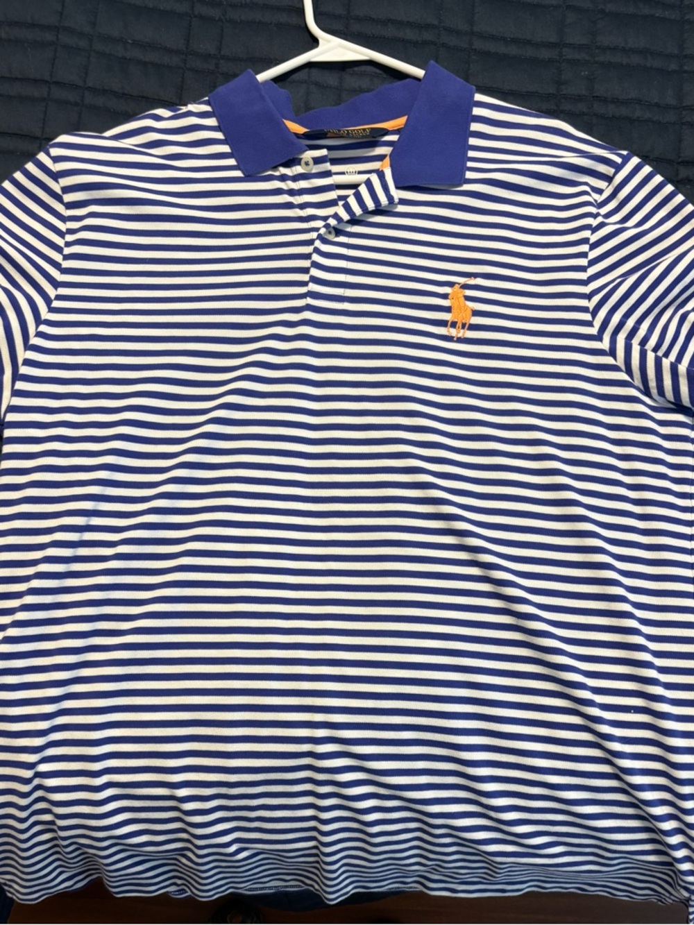 Striped Blue & White Polo Golf Shirt with Orange Logo XXL